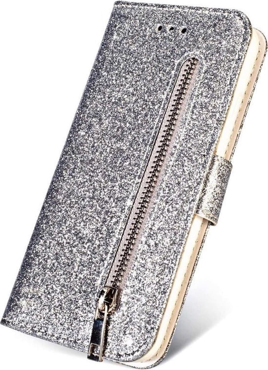 LuxeBass Boekhoesje met glitters geschikt voor Samsung Galaxy A41 - Zilver gsm hoesje - telefoonhoes - telefoonhoesjes