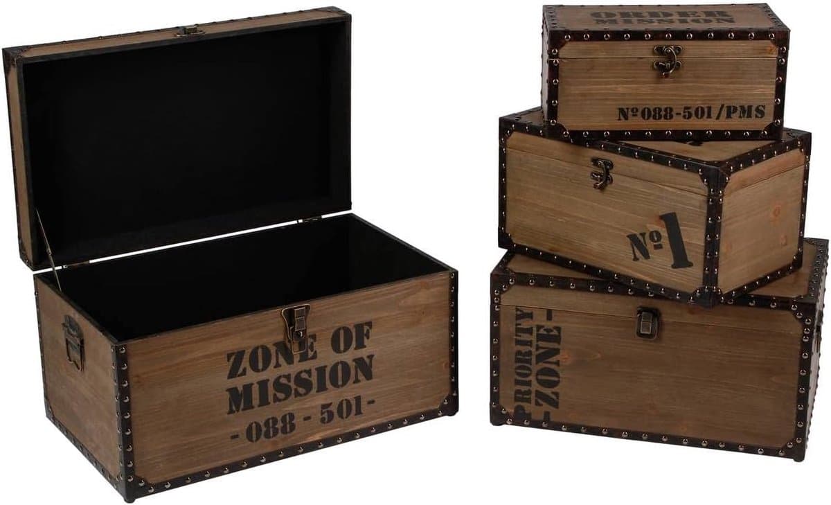 Houten Opbergkisten set Zone of Mission - 4 stuks - Industrieellook - zware kwaliteit - 56cm x 34cm x 29,5cm