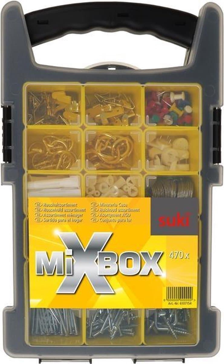 Assortimentsdoos schroeven, nagels, pluggen, schilderijhaakjes, schroefhaken, bordpunaises  e.d.. 470 delige. Het ideale setje voor alle kleine klusjes in huis. MIXBOX Huishoud