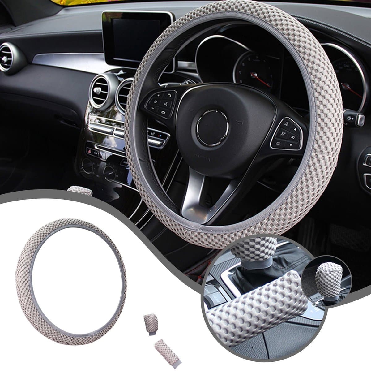 Ulisem - Universele Elastische Leren Stuurwielhoes - Stuurwielbescherming - Antislip - Vochtopnemend - Warm In Winter Koel In Zomer - Geschikt Voor Alle Auto's - Grijs