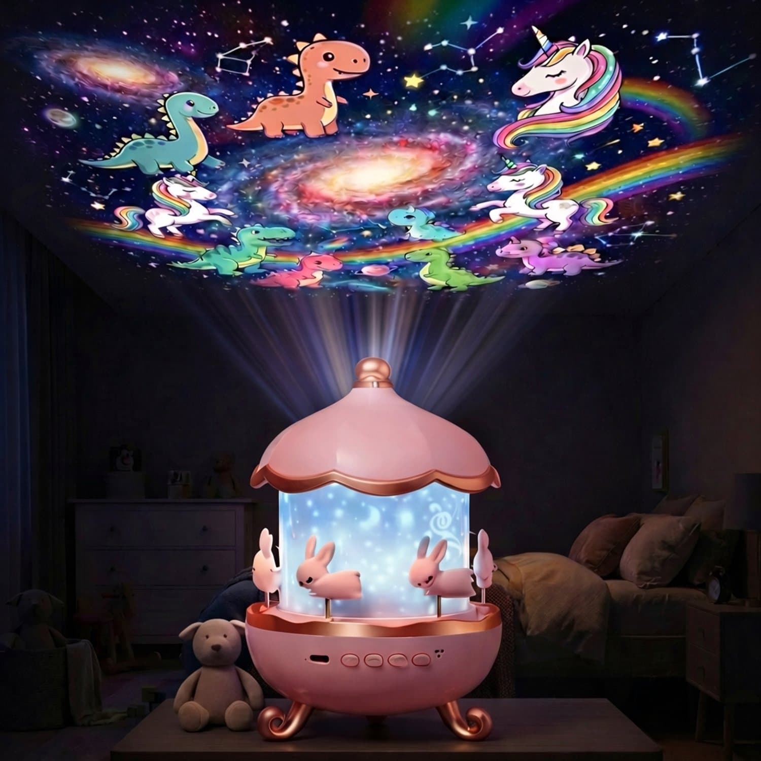 Sercano Sterren Projector Kinderen – Nachtlampje met Bluetooth Speaker – 360° Rotatie – 6 Projectiefilms – Oplaadbaar – 7 uur – Schattig Cadeau