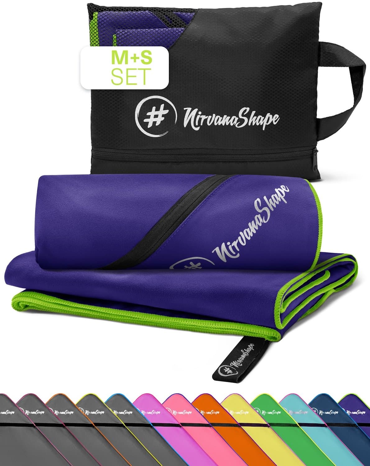 NirvanaShape - microvezel handdoek - strandlaken en badlaken - sneldrogend en absorberend - sporthanddoek met slimme hoekzak - set van 2: 120 x 60 cm + 60 x 40 cm - Paars / Groene Rand