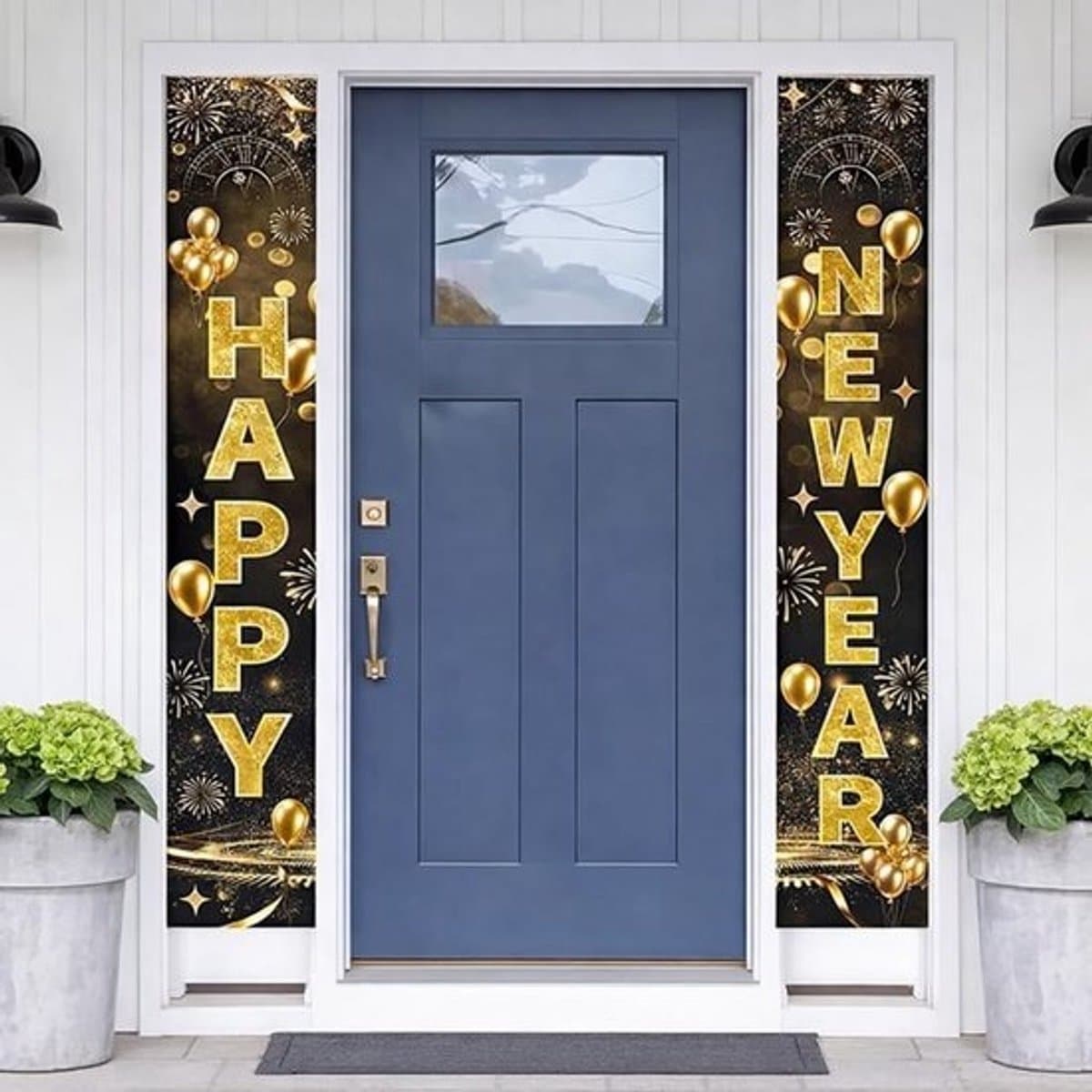 Nieuwjaarsdecoratiebanner - Oudejaarsavondversiering - Feestelijke entree - Duurzaam doek - 2 stuks - Zwart en goud
