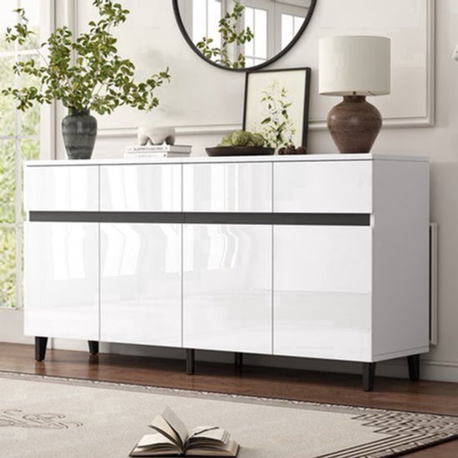 Babykamer Commode Hoogglans Wit - 4 Lades En 2 Deuren - 92 Cm Breedte - Modern Dressoir - Opbergladekast