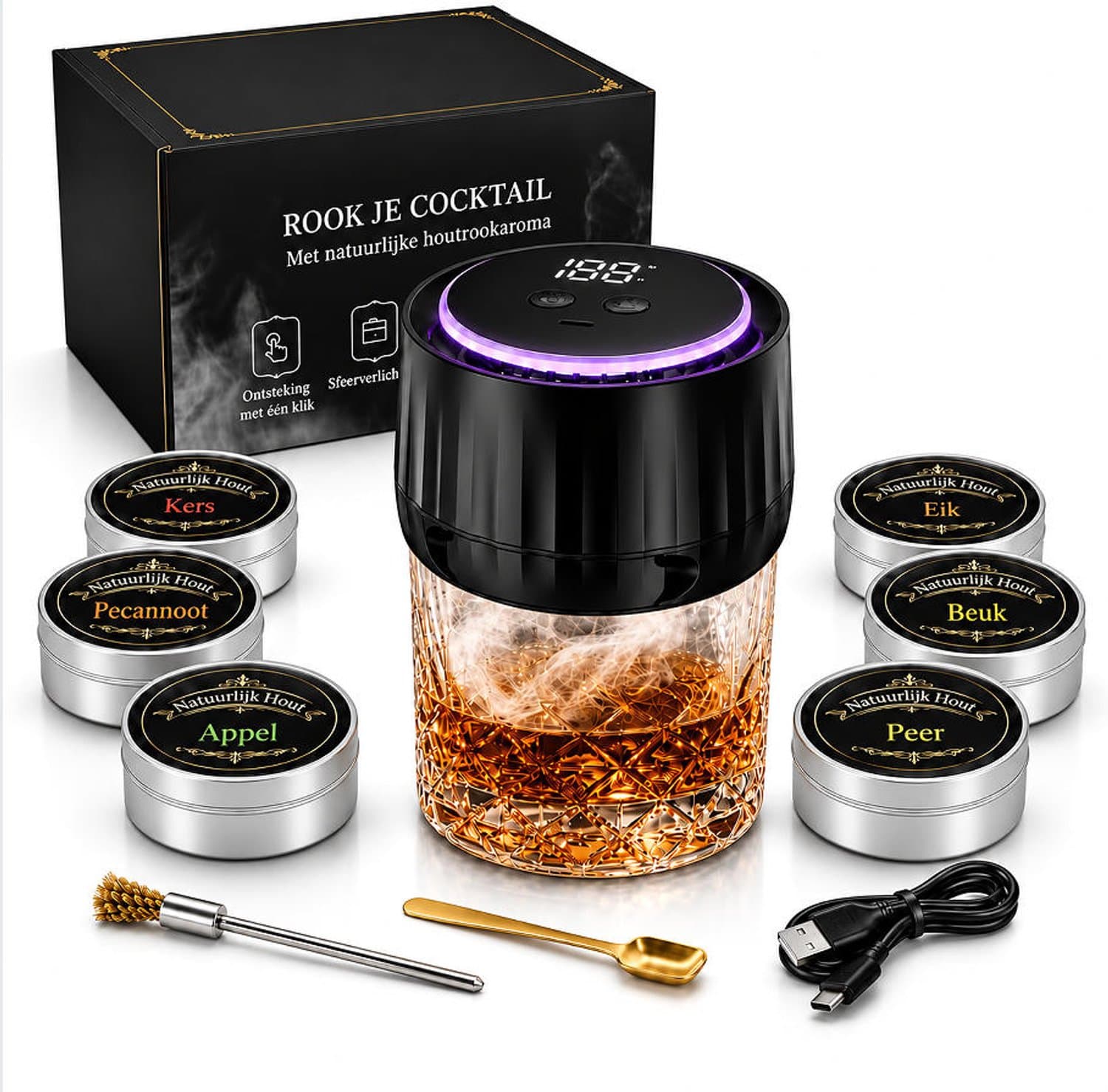 ZOSUDULL-Elektrische Whiskey Smoker Set–Oplaadbare Cocktail Smoker Zonder Butaangas–6 Soorten Natuurlijk Rookhout–Digitaal Batterijdisplay, 6-Kleuren LED en USB-C–Luxe Cadeau voor Mannen