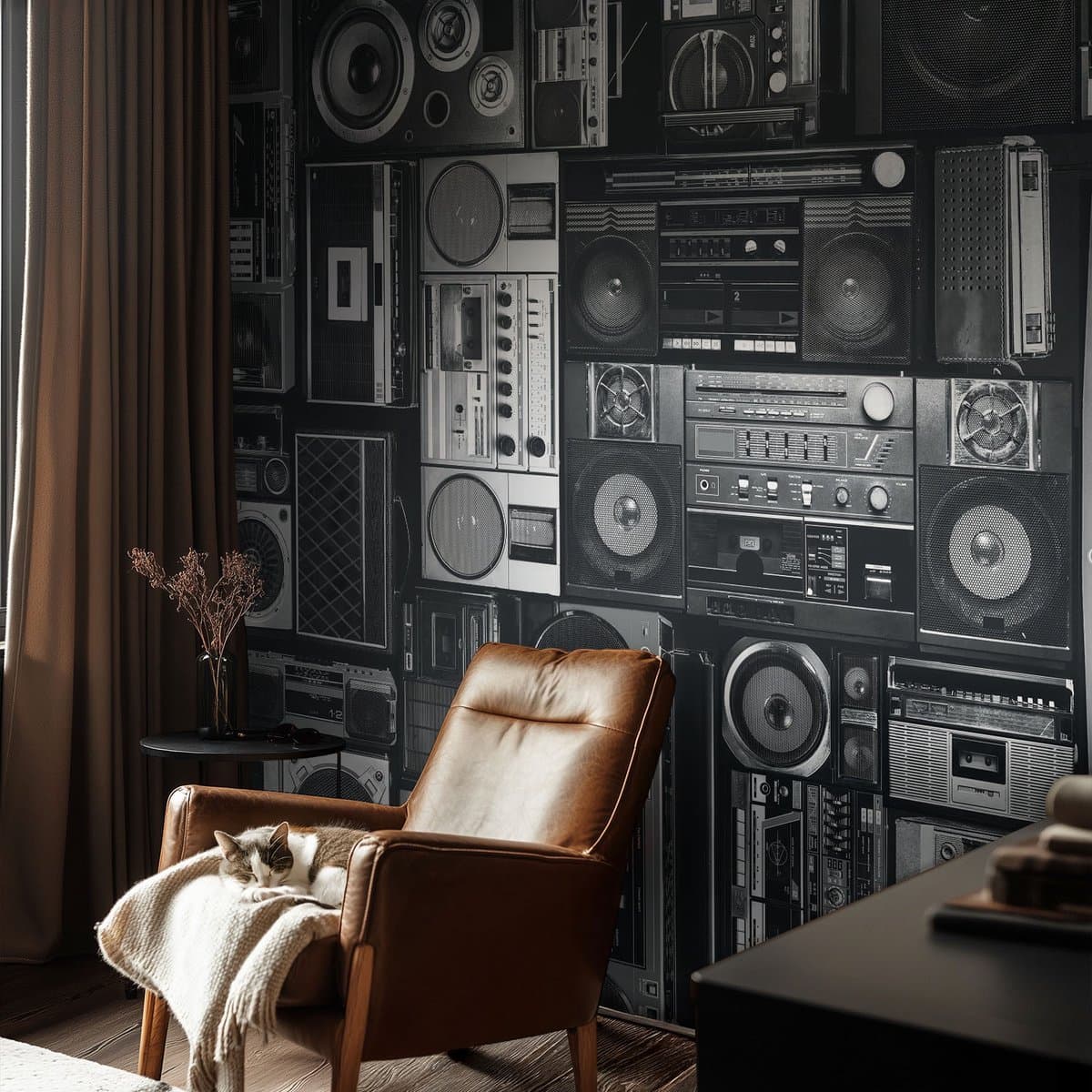 Coloray Vliesbehang - Zwart Snellijm Behang - 312x219 cm - Retro Radio Muurschildering - Slaapkamer behang Achtergronden En Patronen - Fotobehang Vlies - Gang behang