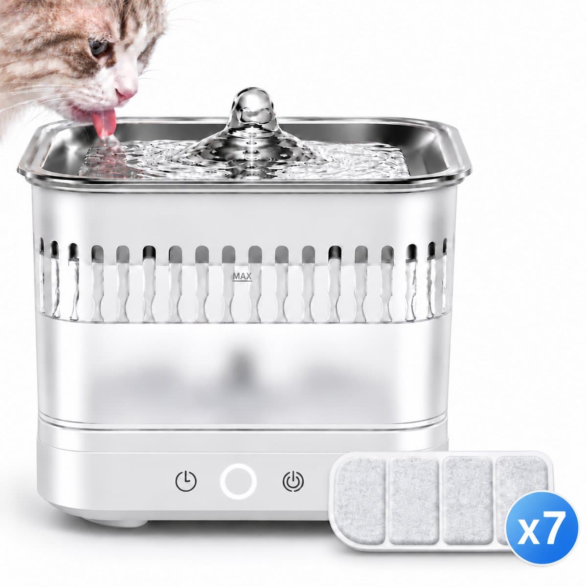 Draadloze Drinkfontein voor Katten en Kleine Honden – 2,5 L – Inclusief 7 Filters – Water en Stroom Gescheiden – Bewegingssensor – 3 Watermodi – 7200 mAh Accu – 304 RVS Drinkplateau – Stil tot 30 dB