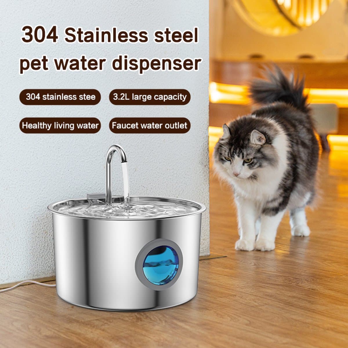 Roestvrijstalen drinkfontein voor katten en honden – 3.2L, stille pomp <25dB, 4-laags filter, stromend water, makkelijk schoon te maken, waterpeilvenster – ideaal voor dagelijks gebruik