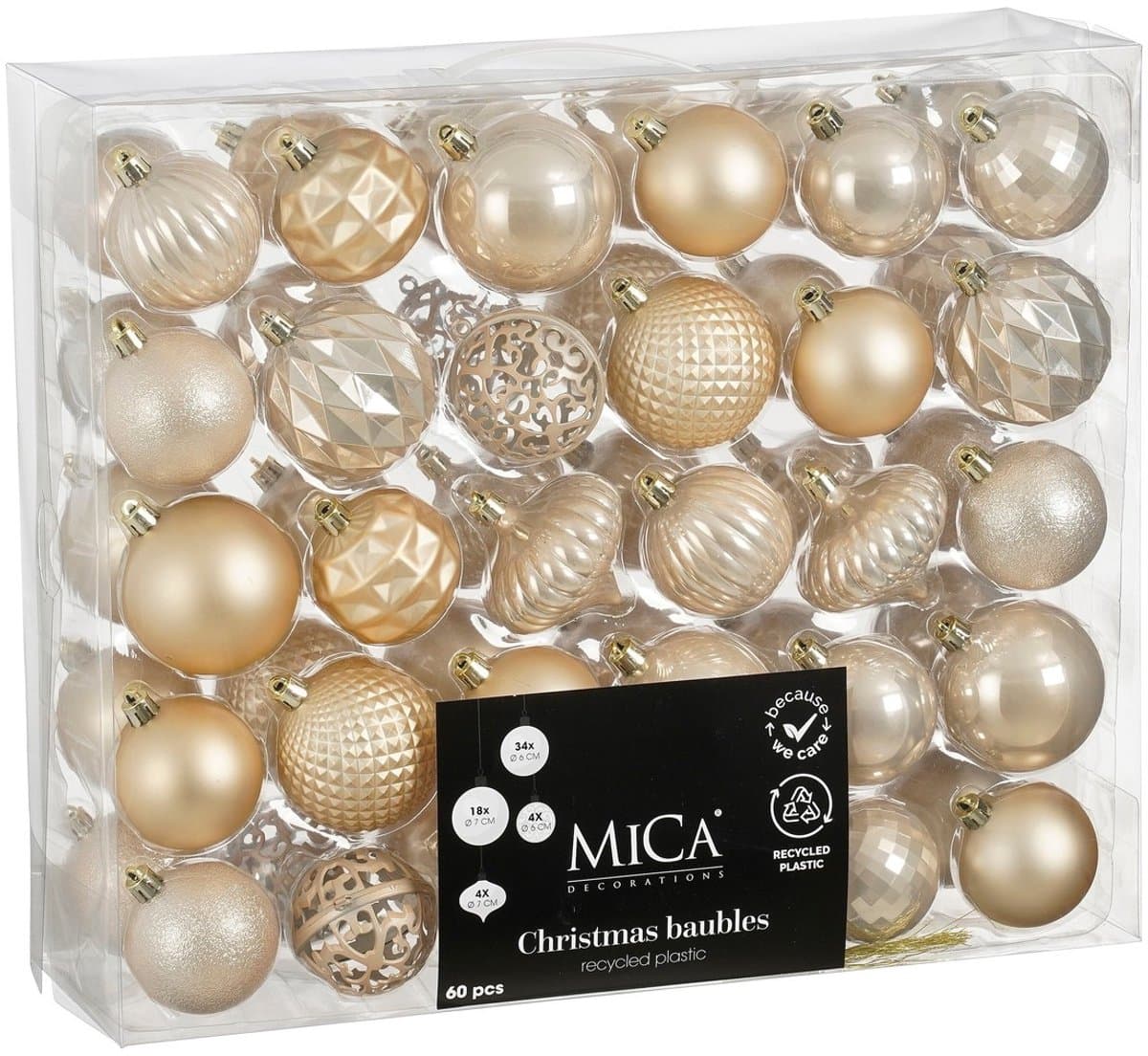 Mica Decorations Kerstballen Set - 60 Stuks - Ø7 cm - Onbreekbaar - Crème