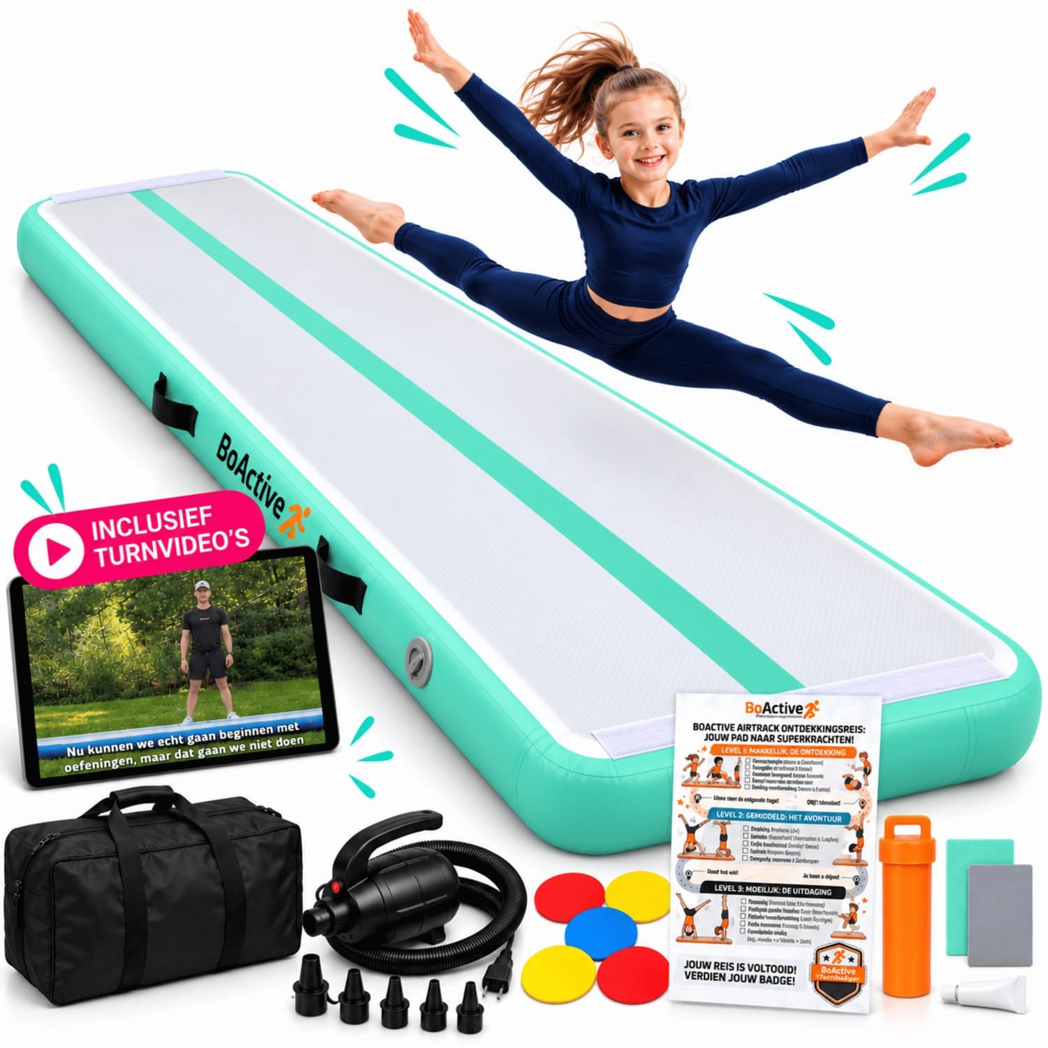 BoActive® Airtrack 3m incl. Turnvideo's & Poster - Opblaasbare Turnmat 300x100x10 cm - Mintgroen - Gymmat Kinderen - Met Elektrische Pomp & Tas