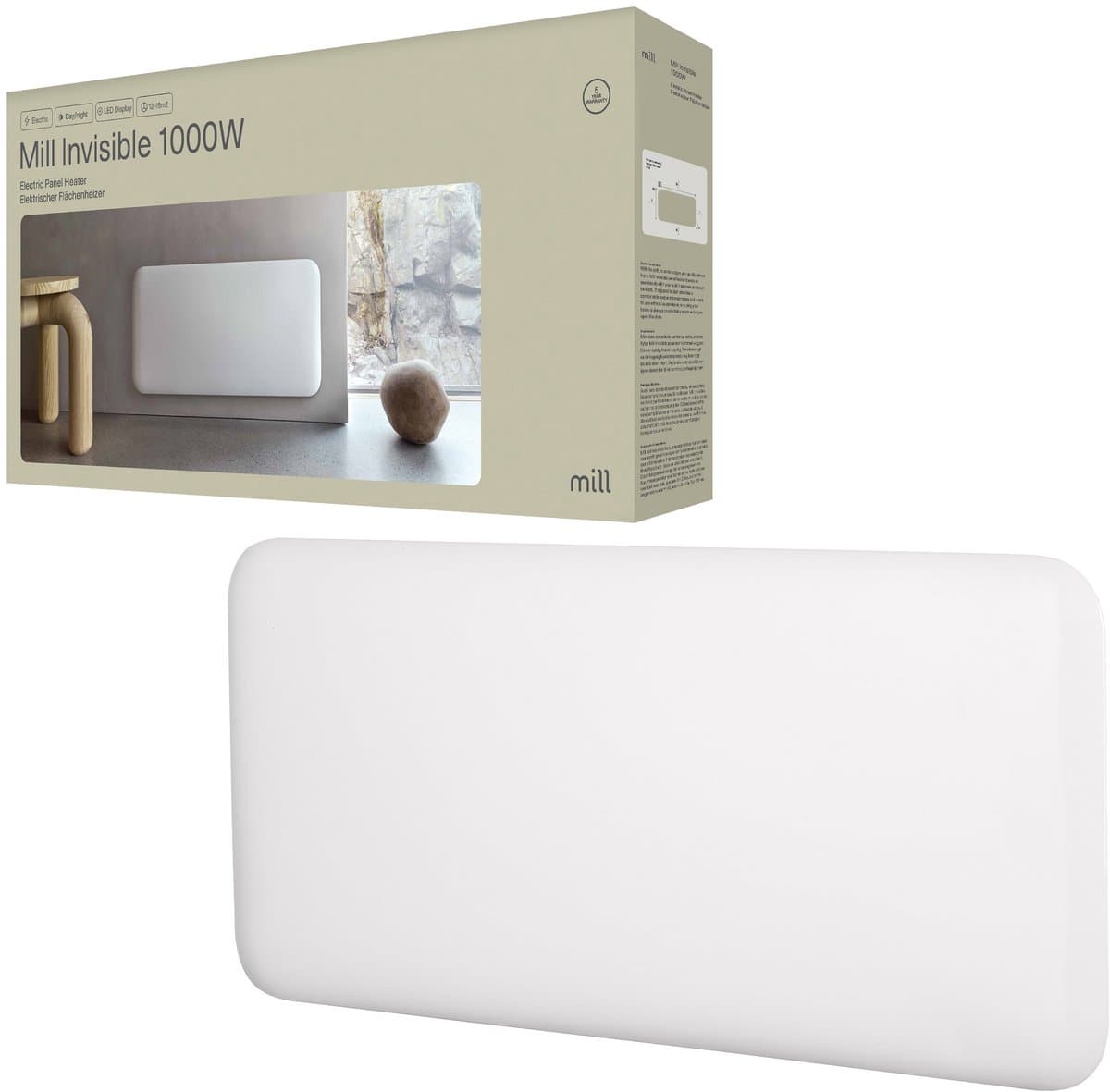Mill IB1000DN -Stalen paneelverwarming - 1000 Watt- tot 15 m2 - 100% stil - snel - geschikt voor de badkamer - 5 jaar garantie
