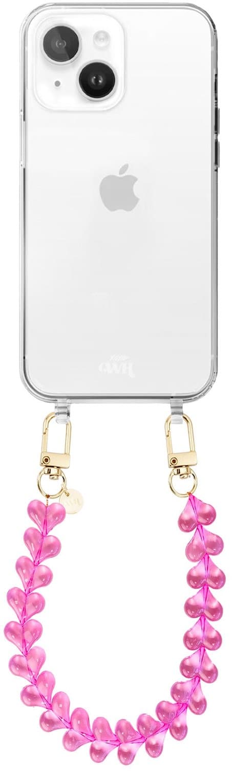 xoxo Wildhearts siliconen hoesje - Geschikt voor iPhone 14 hoesje - Funky Hearts - Telefoonhoesje - Hoesje met koord - Transparant roze koord - kort telefoonkoord - Hartjes ketting - Transparant hoesje