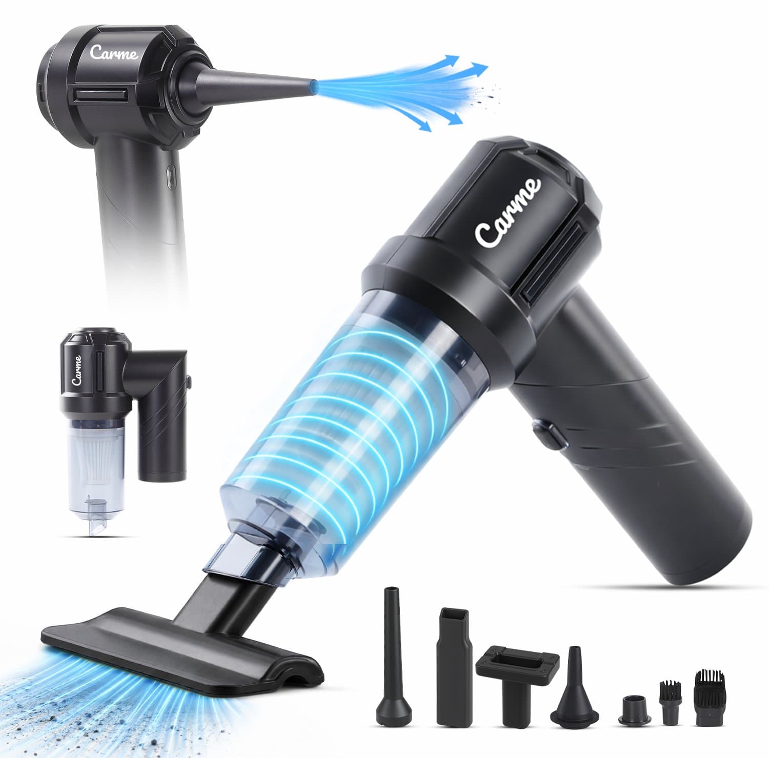 CarMe 2-in-1 Auto Stofzuiger - Zuigen & Blazen - Kruimeldief - 7 Opzetstukken - Oplaadbaar - Handstofzuiger - Air Duster - Zwart