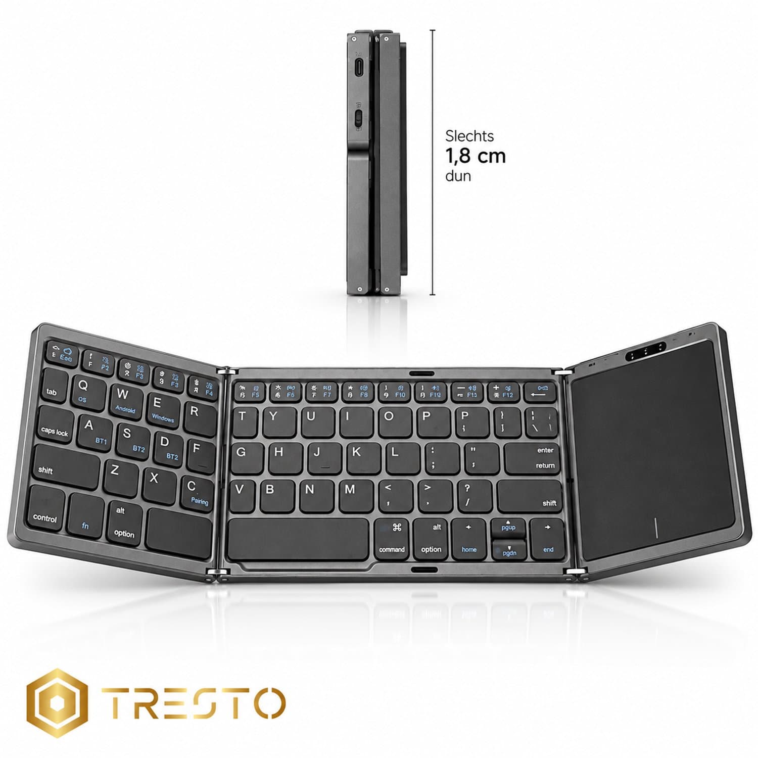 TRESTO - Opvouwbaar Toetsenbord - Groot Touchpad - Qwerty Toetsen - Oplaadbaar - Draadloos - Anti Slip Onderkant - Bluetooth - Foldable Keyboard - Donker Grijs