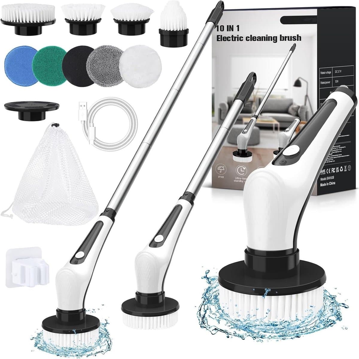 Purgato Grande - Elektrische Schoonmaakborstel - 9 Opzetborstels - IPX8 Waterdicht - 120 Minuten - Zwart