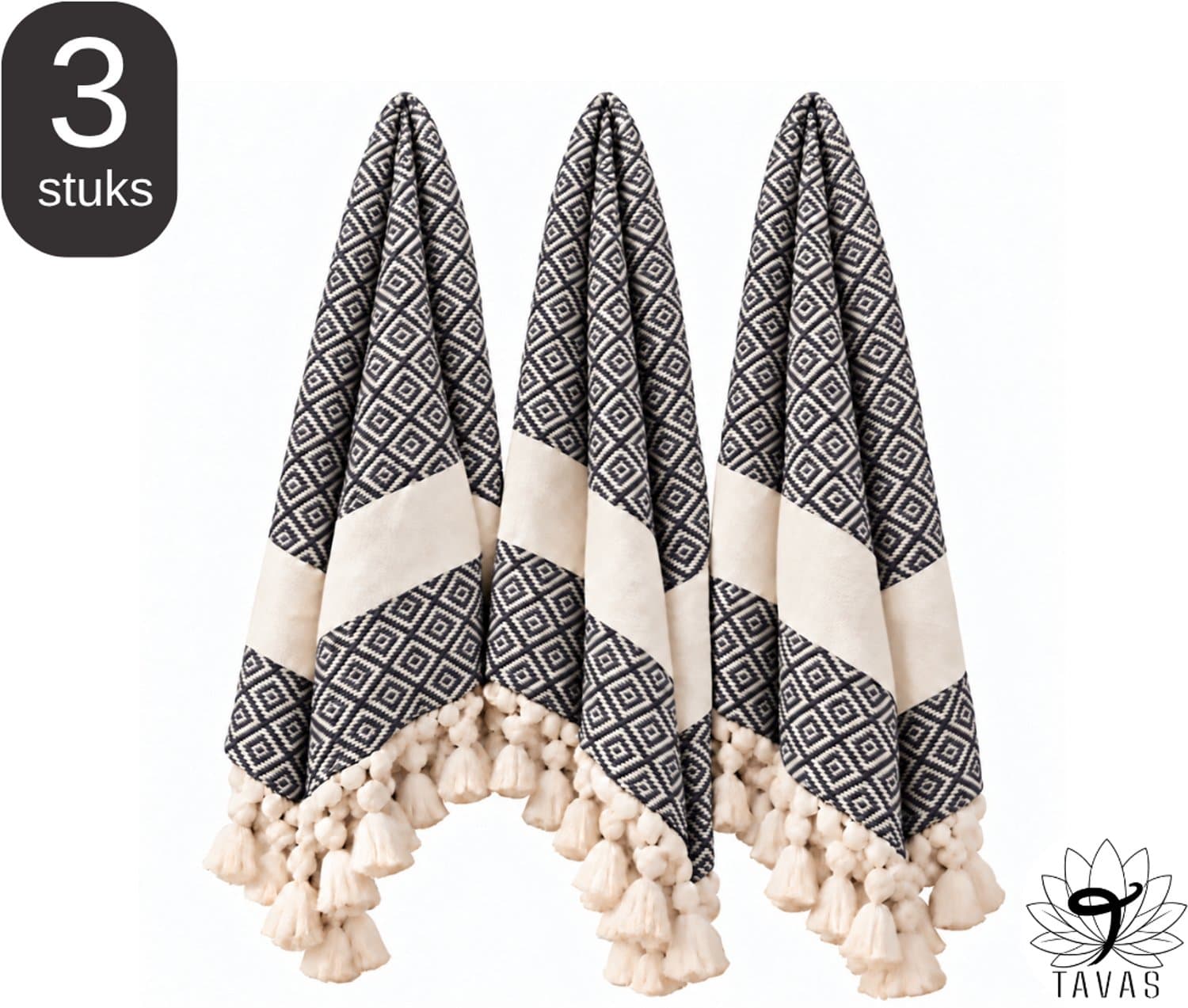 TAVAS Theedoeken & Keukendoeken Set – 3 x 50x90cm – Zwart - 100% Katoen – Wafelstructuur – Sneldrogend – Zachte Handdoeken voor Keuken