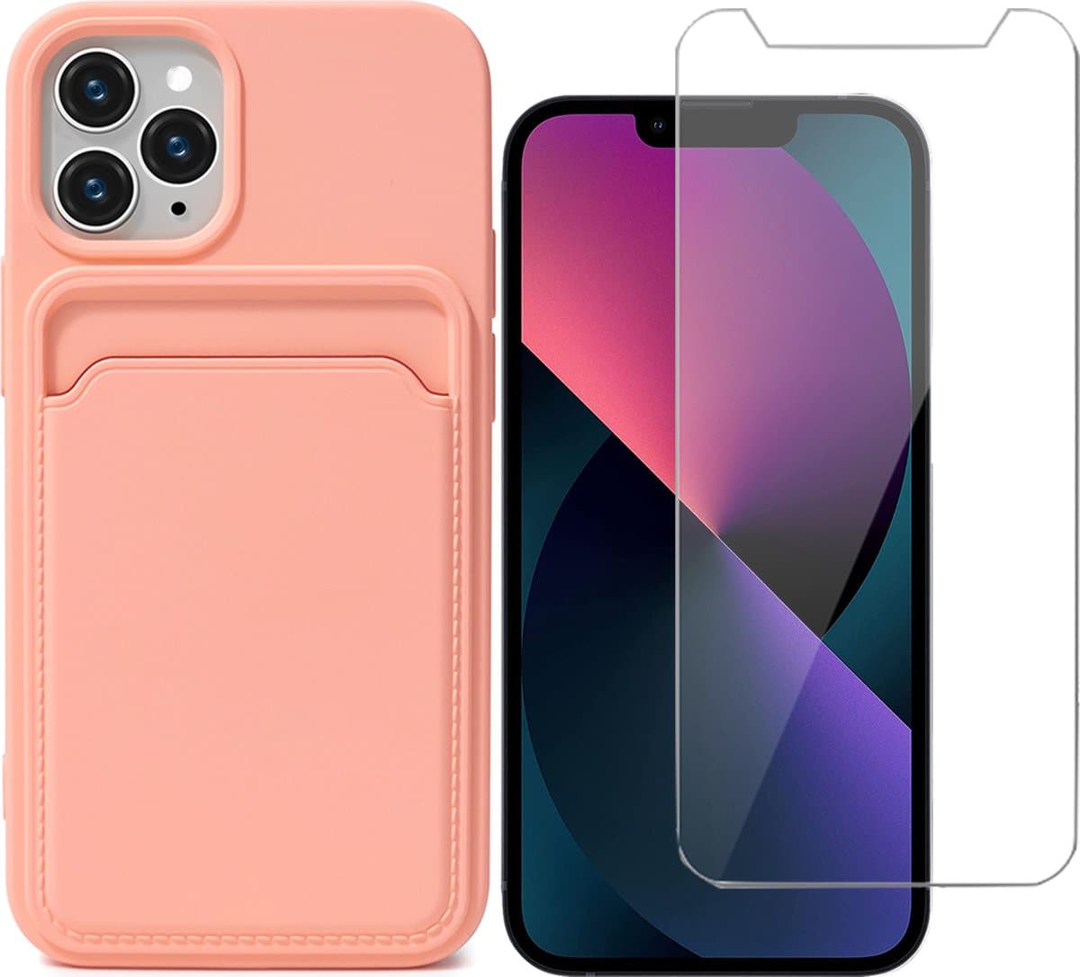 Hoesje Pasjeshouder geschikt voor iPhone 13 Pro Max Roze - Siliconen Case Back Cover + Screenprotector Glas
