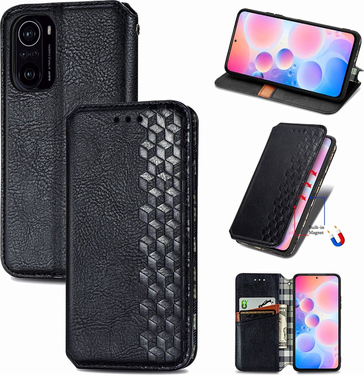 Luxe PU Lederen Ruitpatroon Wallet Case + PMMA Screenprotector voor Xiaomi Poco F3 _ Zwart
