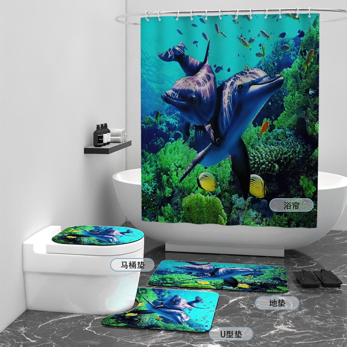 Floraweg Douchegordijn,Shower Curtain,badgordijn,badkamergordijn,Dolfijn in de zee ,-topkwaliteit - digitale printen -Anti Schimmel - Inclusief 12 ringen -met 12 stuks douchegordijnhaken – Waterdicht -Wasbaar- Polyester - 180x200 cm