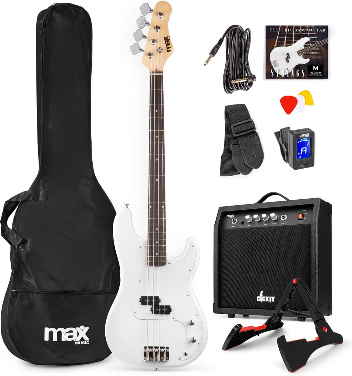 Max Gigkit Basgitaar met 40 Watt versterker - Gitaarstandaard - Gitaartas - 4/4 - Wit
