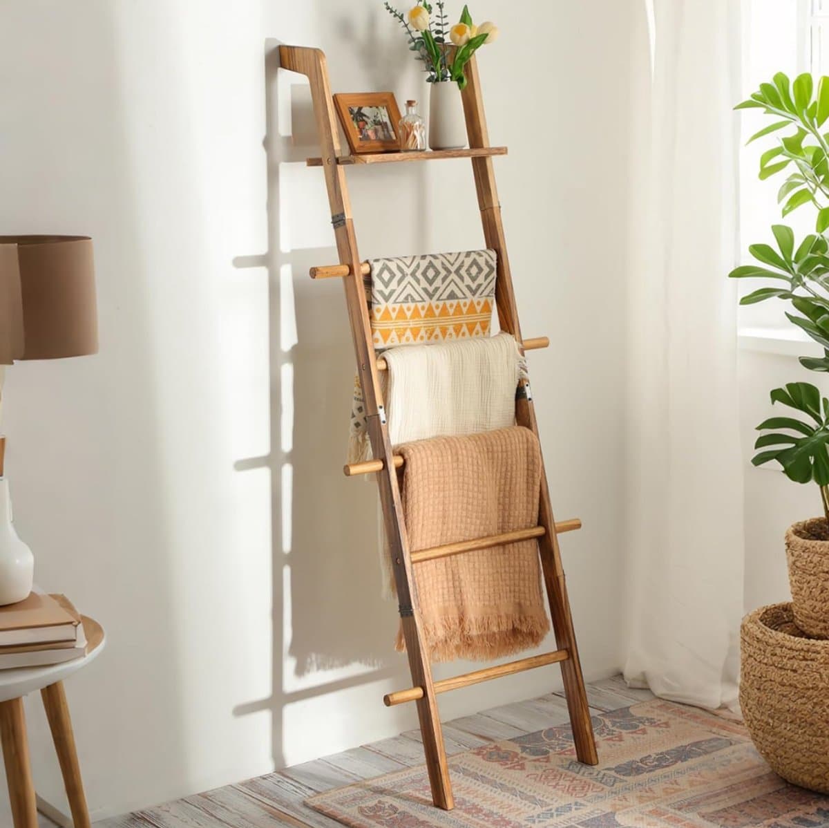 ZRNS® Decoratieve Handdoekladder - Handdoekrek - Handdoeken Ladder Rek - Met Plank en Haken - Hout