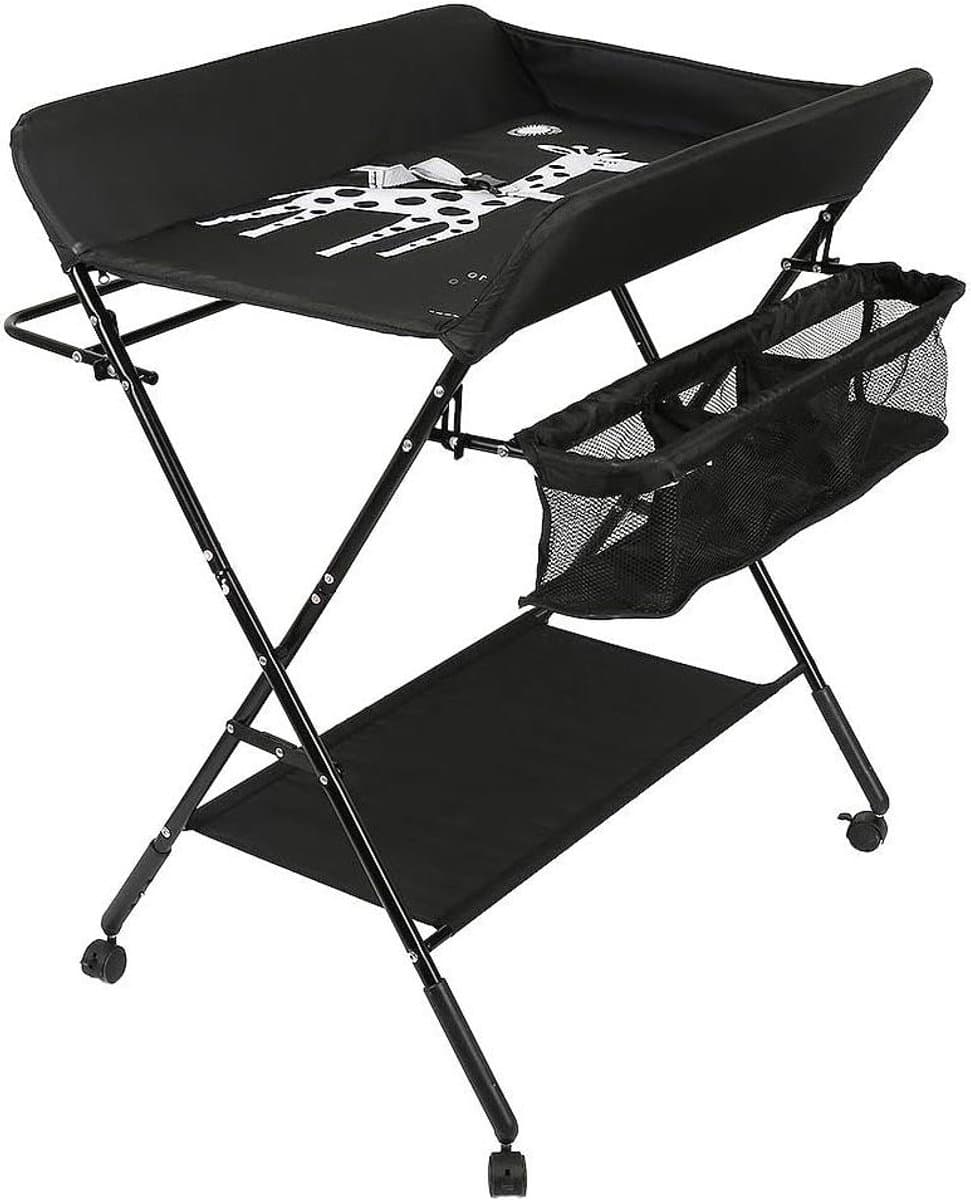 Baby Verschoontafel - Commode Luiertafel - Baby Verzorgen - Inklapbaar met Wielen - 50 kg Draagvermogen - Zwart