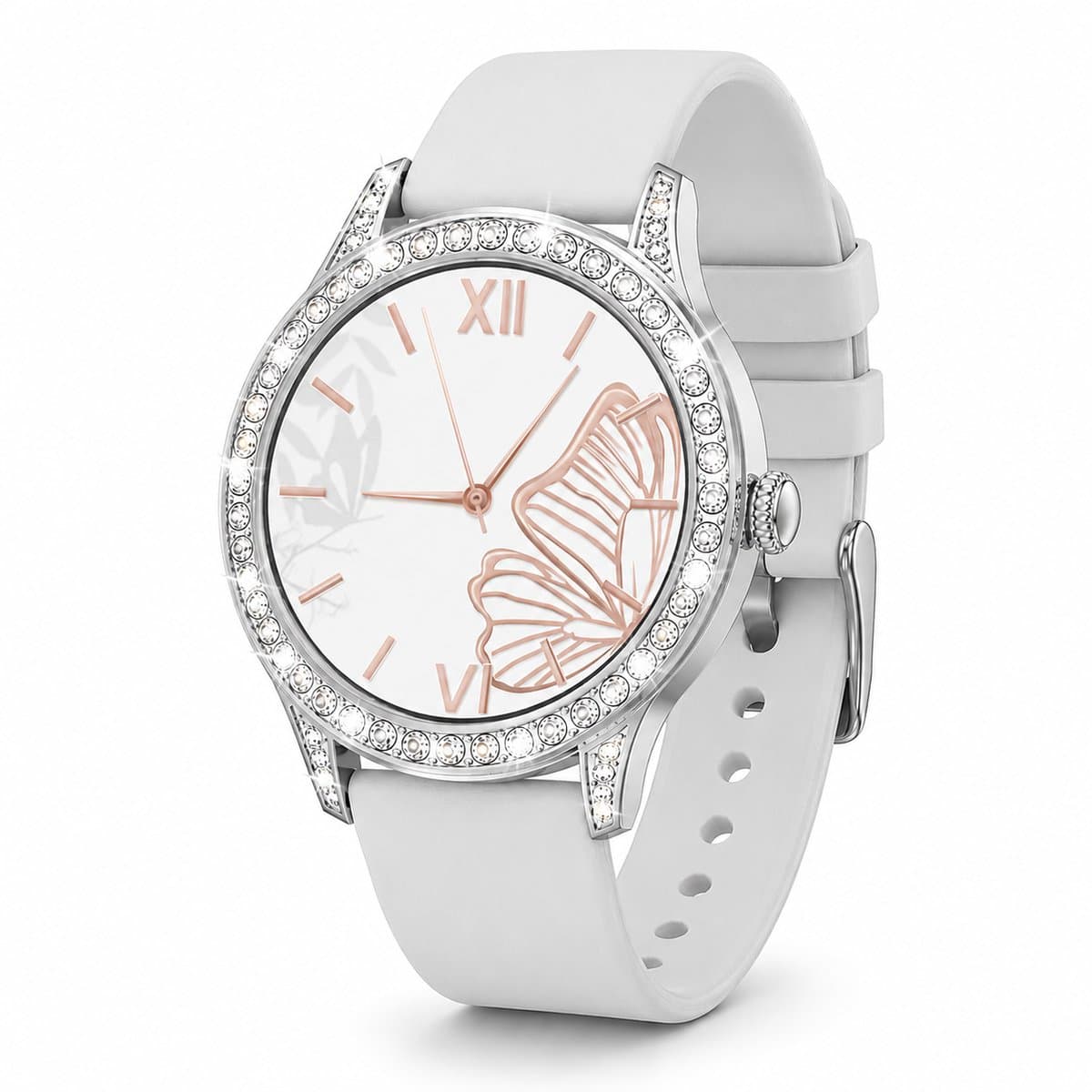 Knobbout 1,27 Inch Dames Sierlijke Smartwatch met Strass– HD Touchscreen – Hartslag-, Bloeddruk- & Zuurstofmeting – Slaapmonitor – Ademhalingstraining – Menstruatiecyclus – AI-Spraakassistent – IP68 Waterdicht – Wit Silicone Band