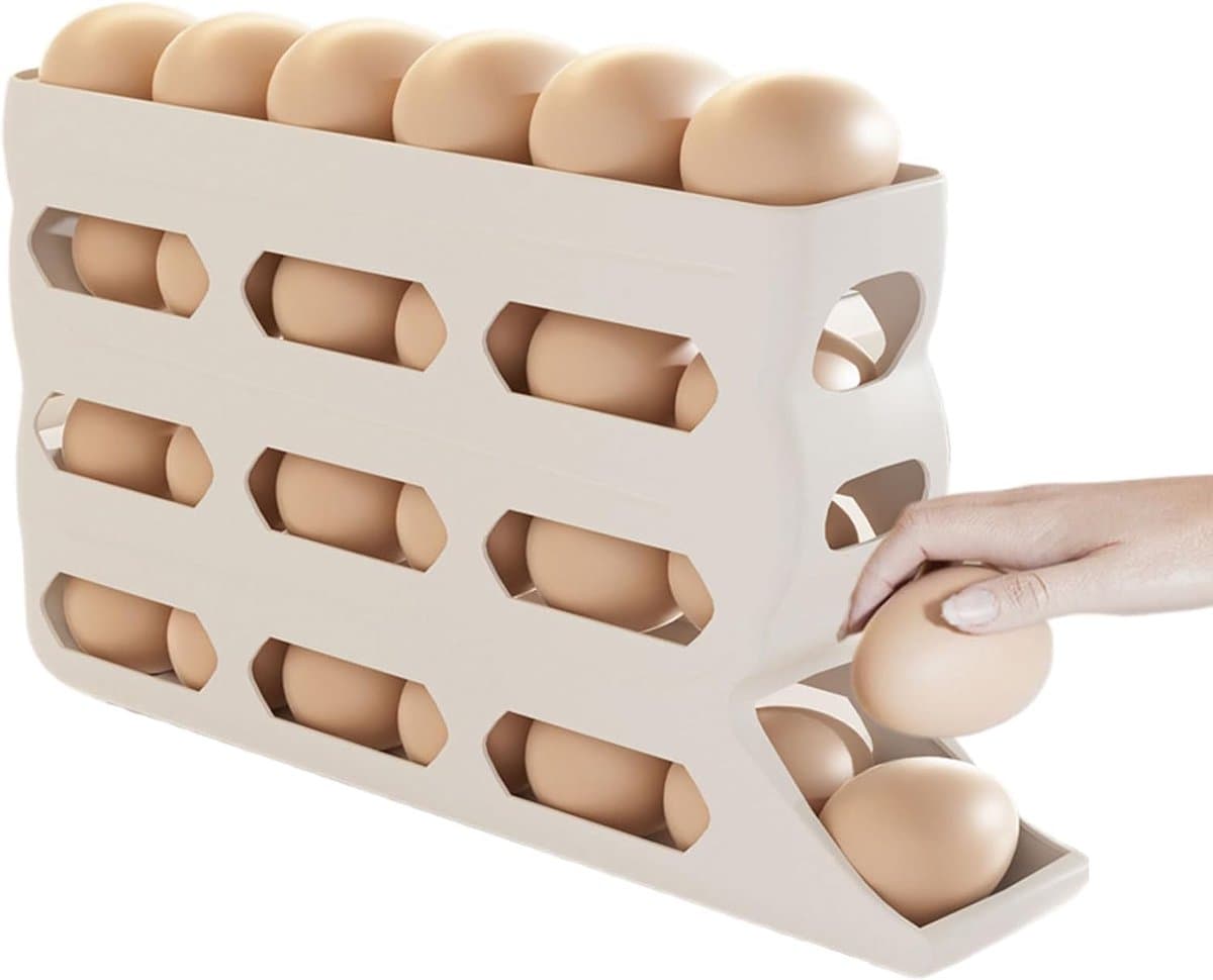 Eieropslag voor koelkast - 4-traps systeem met automatisch lager voor het bewaren van eieren - Antislip 30 eieren dispenser voor keuken huis kruidenierswinkel picknick camping auto