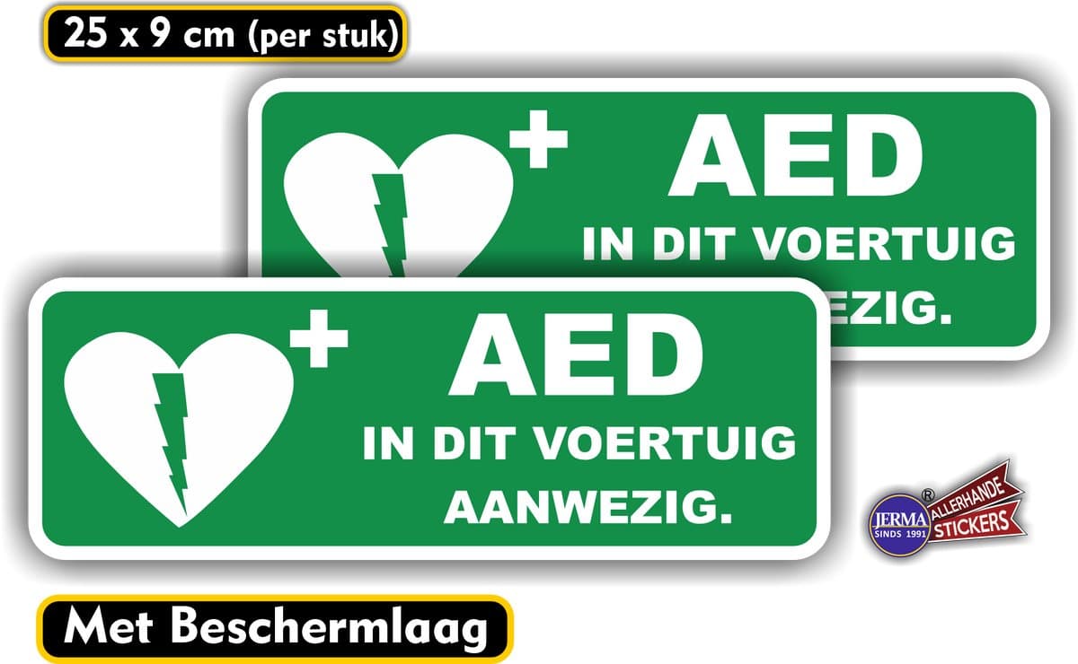 Jerma - AED in dit voertuig aanwezig - stickers - 2 st - 25 x 9 cm - Weerbestendig - Zelfklevend