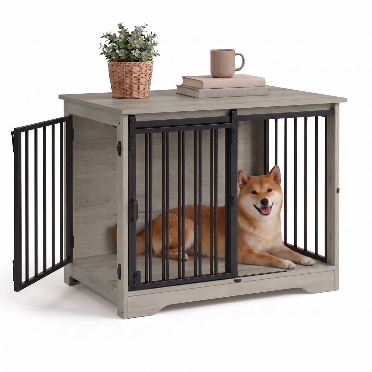 Aiverig® Hondenbench Hout Meubel – met Schuifdeur & Zijdeur – Hondenhok voor Binnen & Hondenkooi – Krasvrije Poten & Anti-knaag Sloten – Voor Kleine tot Middelgrote Honden – Grijs – 80×55×62 CM