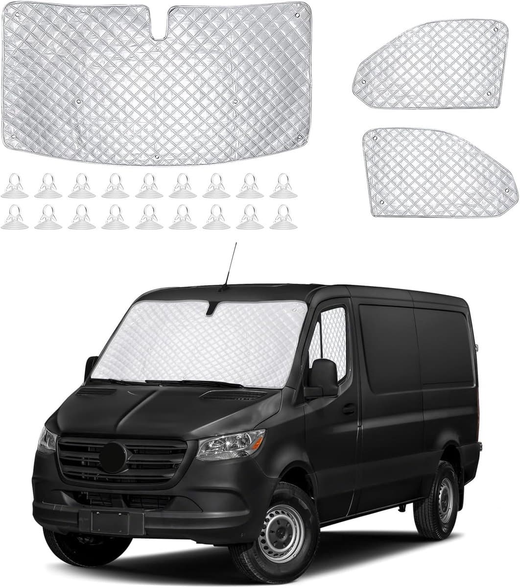 Thermische Zonnescherm Set voor Mercedes Sprinter 2019-2025, 3 Stuks Isolatie voor Voor- en Zijruiten met 18 Zuignappen, Zonnebescherming en Warmte-isolatie