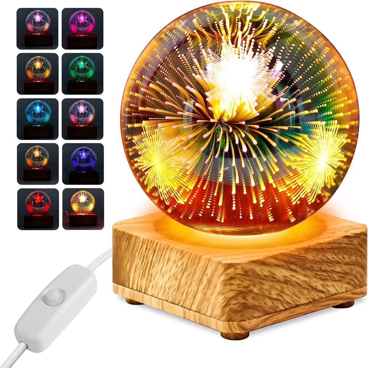 3D kristallen bol-nachtlampje, 9 cm glazen bol-nachtlampje met houten sokkel, glazen bollamp met houten sokkel, cadeaus voor vrouwen, mama, kinderen, vriendin