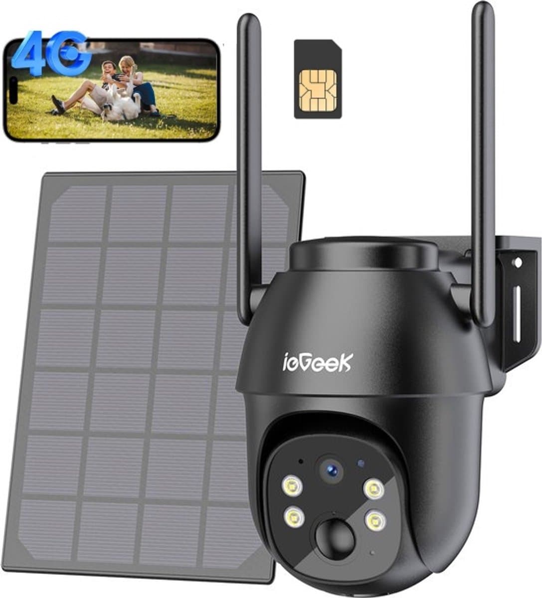 ieGeek Beveiligingscamera 4G LTE - Simkaart - Outdoor Zonne - 2K 3MP - 360° Draadloze Bewaking - Camerabewaking met Nachtzicht - IP66 Waterdichte Buitencamera Zonder Wifi - PIR-Detectie - App-Bediening - Tweeweg Audio