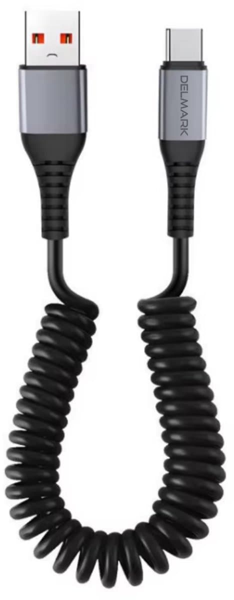Delmark Krulsnoer USB-A naar USB-C Kabel – 66W Fast Charging Spiraalkabel – 3A Quick Charge & PD – Elastische Krulkabel – Grijs/Zwart