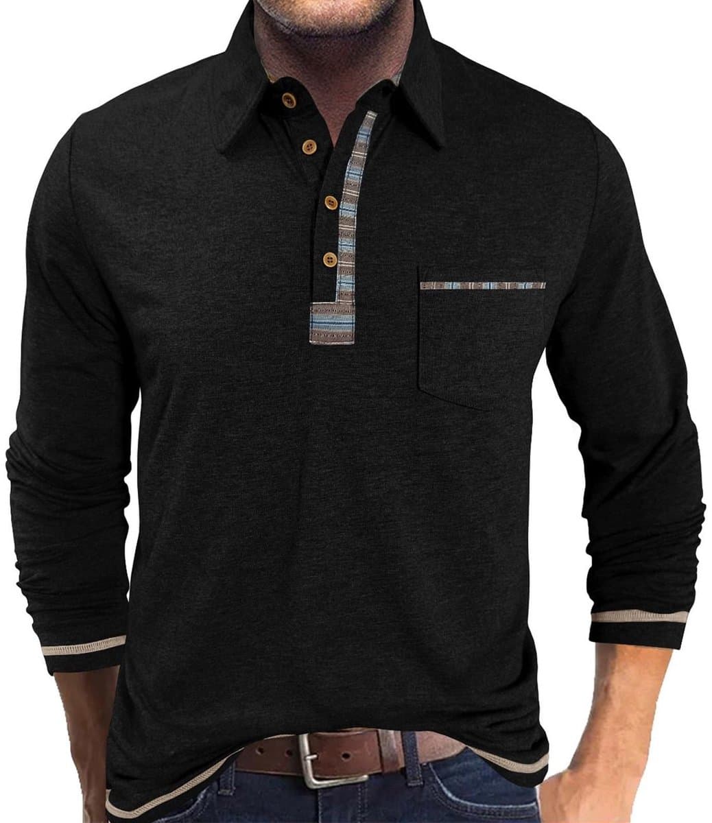 Dailygoods - Poloshirt Heren Lange Mouwen met Borstzak - Zwart, M-3XL