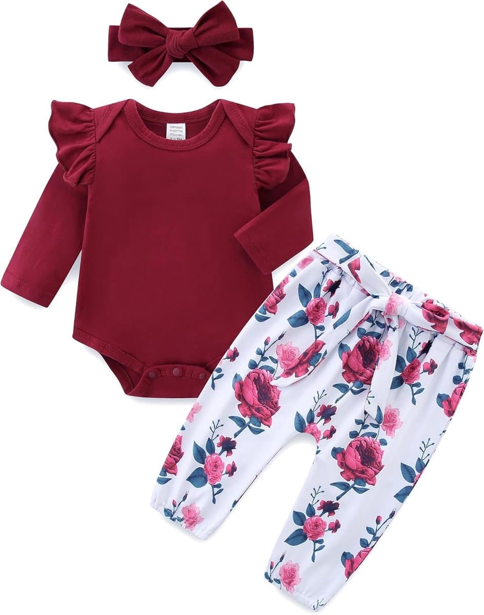 SnelShoppen - Baby Meisjes Lange Mouwen Romper + Bloemen Broek + Haarband Baby Kleding Set 9-12 Maanden, Katoen en Polyester, Comfortabel en Stijlvol,