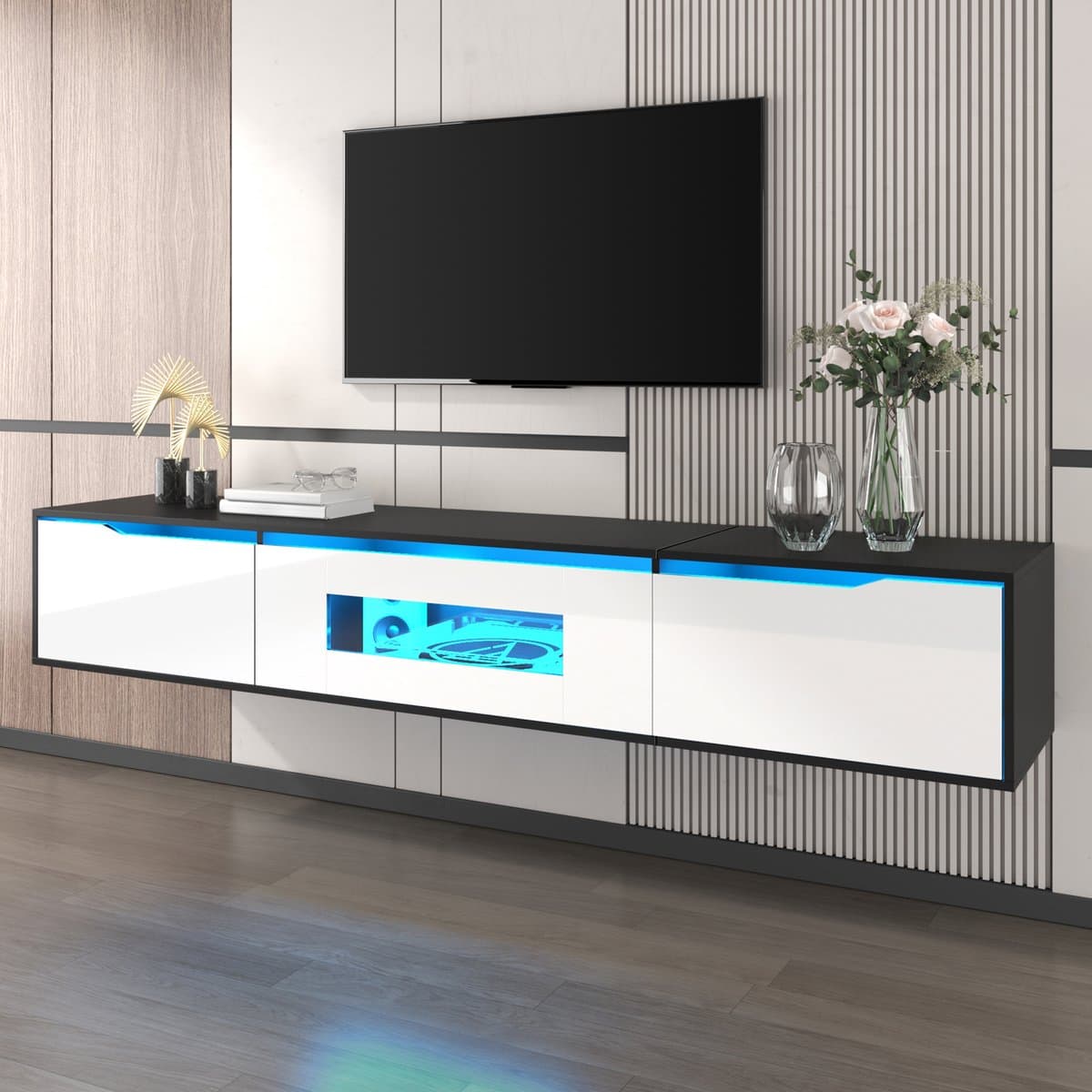 DESMIU Televisiemeubel - Hoogglans Met Ledverlichting En Usb - Vrijstaand Of Wandmontage Voor Woonkamer - MDF En Spaanplaat - 180x35x30 Cm Zwart Wit