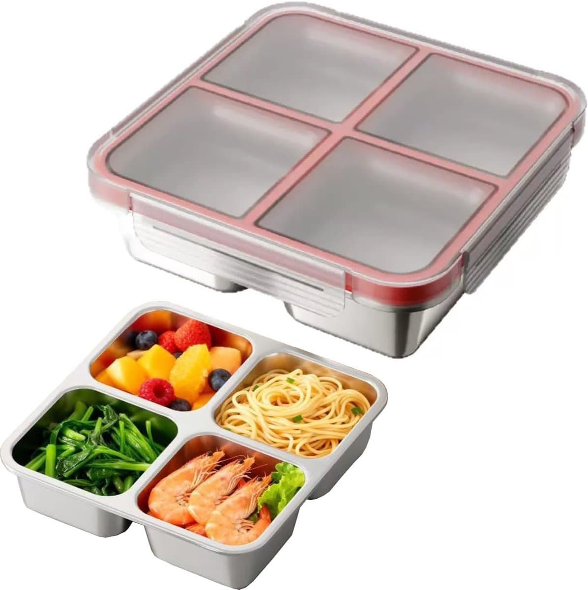 Roestvrijstalen Lunchtray Met 4 Vakken - Lekvrij Deksel - Herbruikbaar - Rood