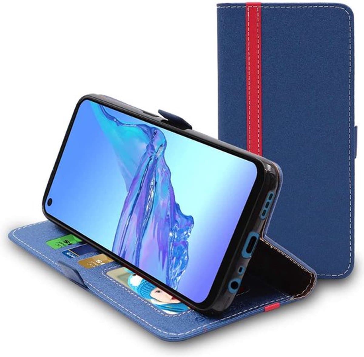 ebestStar - Hoes geschikt voor Oppo A53S, A53, Wallet Etui, Book case hoesje, Donkerblauw, Rood