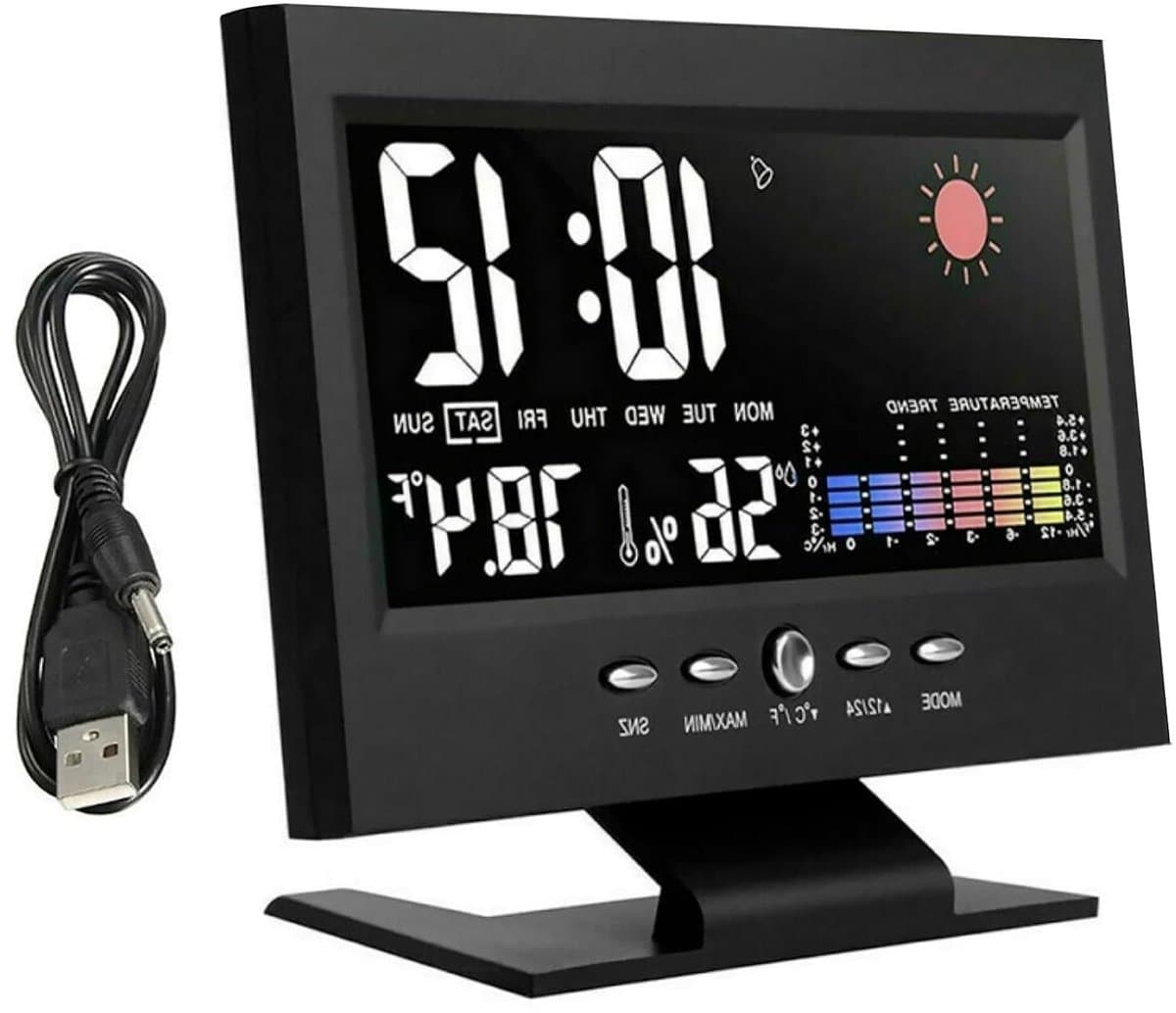 Digitale Weerstation - Klok Vochtigheidsmeter - Binnenklimaat Monitoren - Spraakgestuurde Verlichting - 10.7 x 5.8 cm Scherm - Zwart