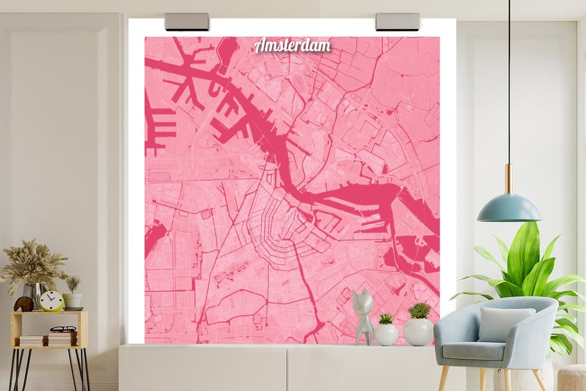 Behang - Fotobehang Stadskaart - Amsterdam - Roze - Breedte 260 cm x hoogte 260 cm - Plattegrond