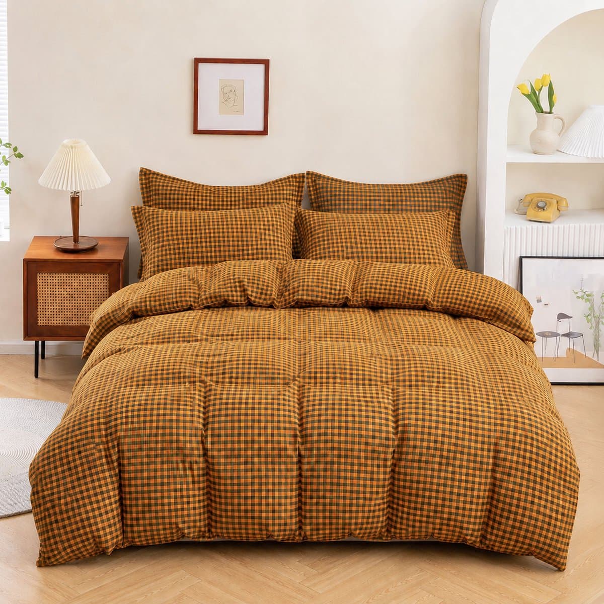 MeiLun Home Soft Living Beddengoedset 4-delig – 140 x 200 cm Hoeslaken – Caramel Check – 100% Gewassen Katoen – incl. Dekbedovertrek, Hoeslaken, 2 Kussensloop + Gratis Hoofdkussen