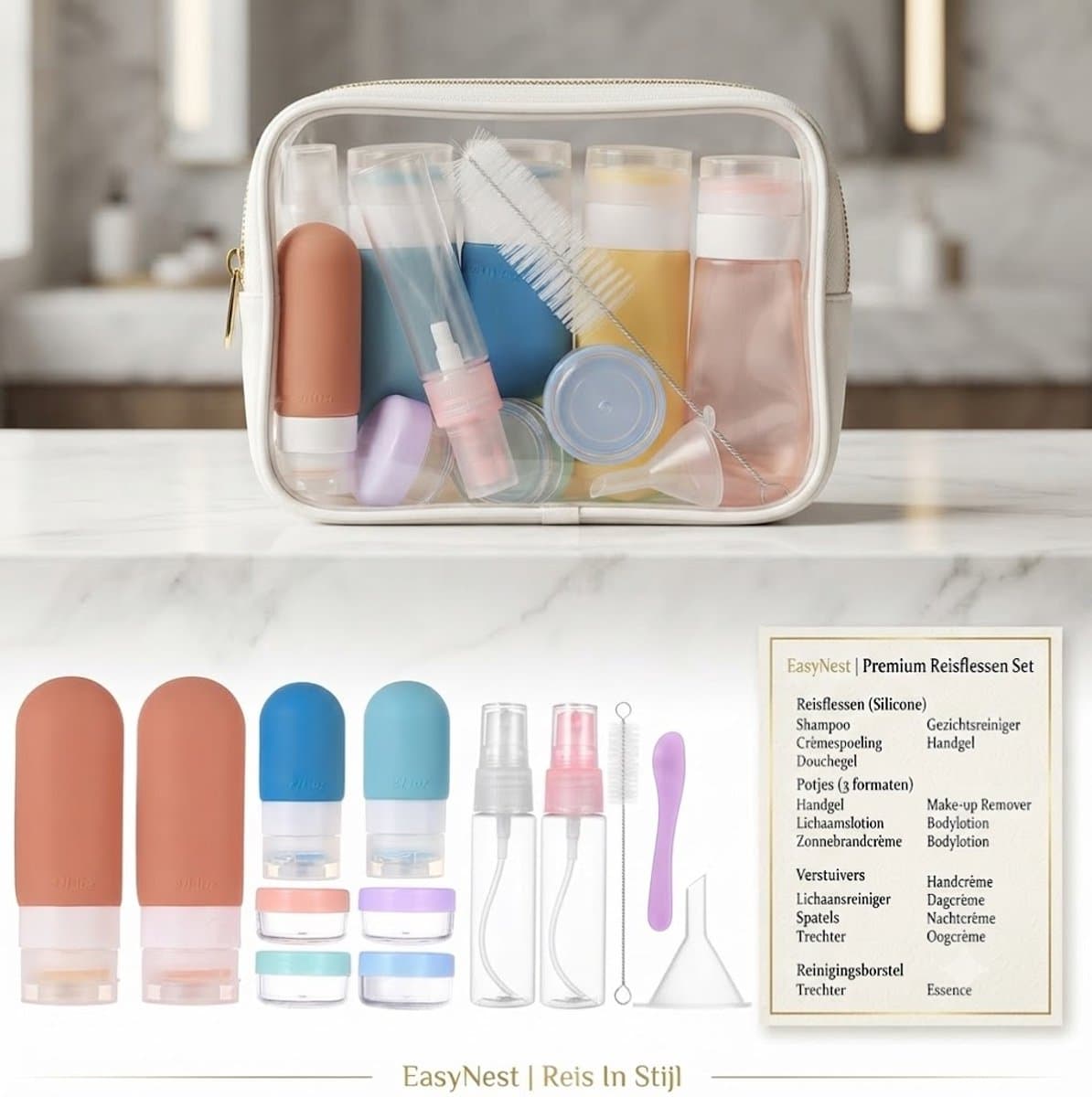 17 Stuks Reisflesjes Set – Navulbare Travel Bottles voor Vloeistoffen – Shampoo, Douchegel en Cosmetica – Lekvrije Reisaccessoires voor Vakantie en Vliegtuig