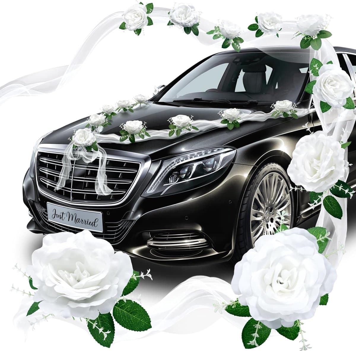 SnelShoppen - Autodecoratie Bruiloft, Autostrikken en Versiering met Kunstbloemen, Witte Tule en Lint, Ideaal voor Bruidspaar, Motorkap Decoratie, Fee