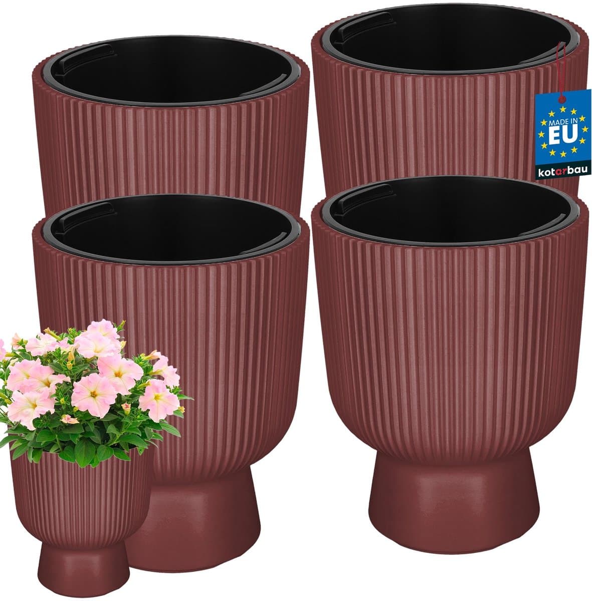 KOTARBAU® 4 Stuks - Bloempot - Plantenpot Ø 23 cm - met Binnenpot - Geribbelde Plantenbak - Plantenpot met Voet - Plantenbak - Kunststof - H: 30 cm - Marsala