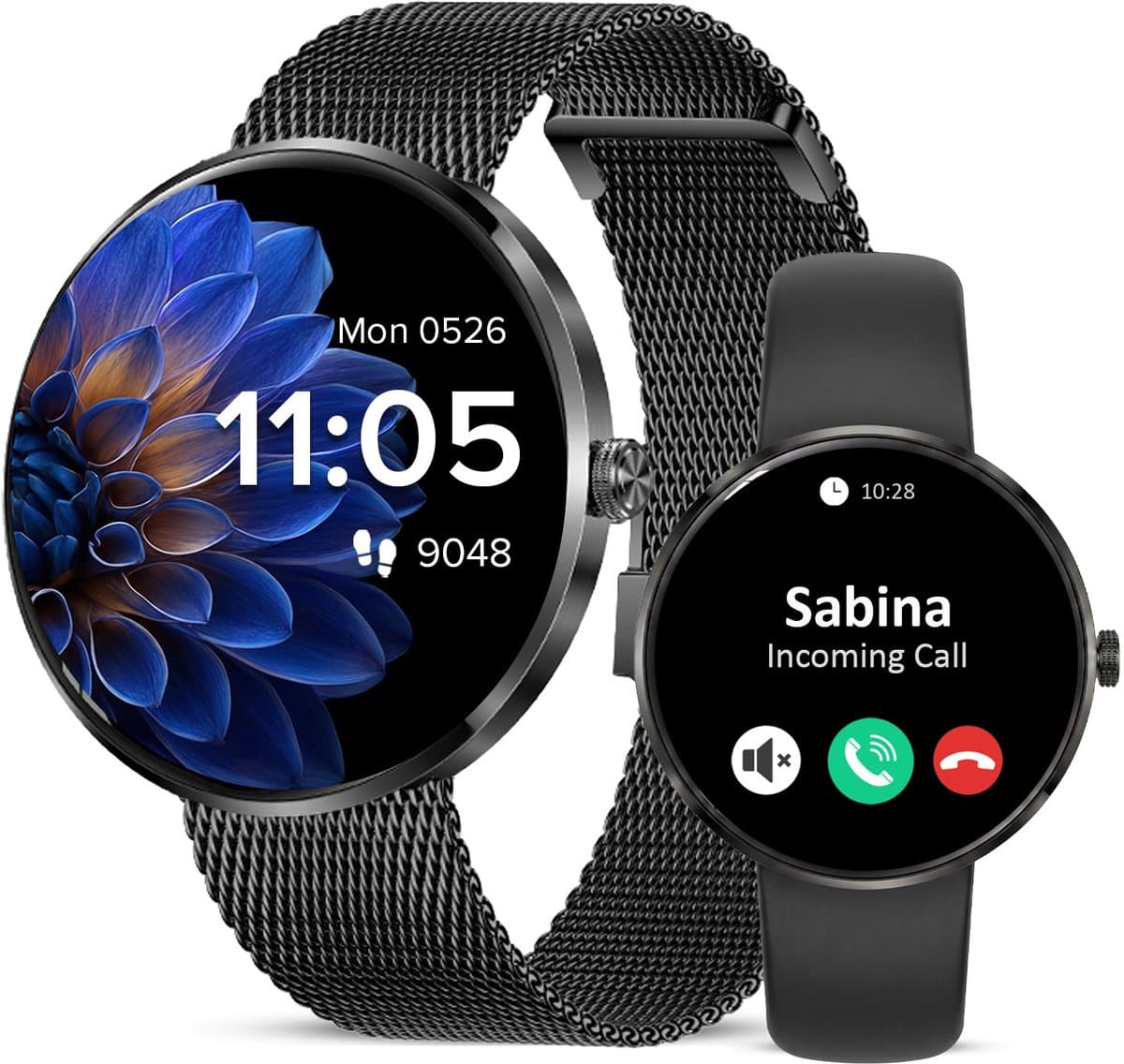 Avalue Dames Smartwatch - AMOLED Display - Belfunctie - Hartslag, SpO2 & Bloeddruk Monitor - Slaapmonitor - Vrouwengezondheid - Stappenteller - Android & iOS - RVS en Siliconen Band- Zwart
