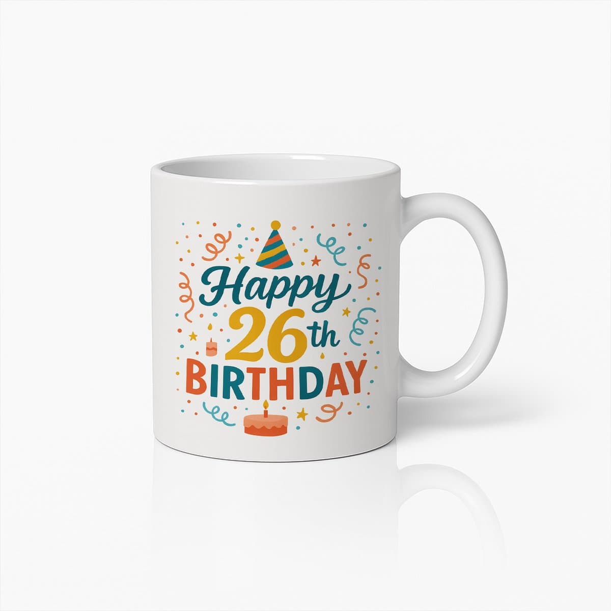 Gelukkige 26e Verjaardag Mok 330ml – Feestelijke Hoed en Taart Ontwerp Koffiebeker