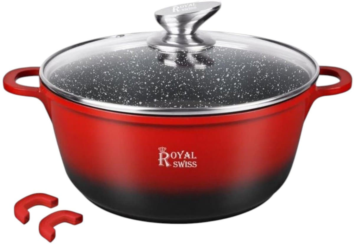 Royal Swiss Braadpan Inductie 20 cm – 2L Inductie & Oven Geschikt – Aluminiumgietwerk met Marmeren Anti-aanbaklaag, Glazen Deksel & Afneembare Siliconen Handgrepen (Zwart & Rood)