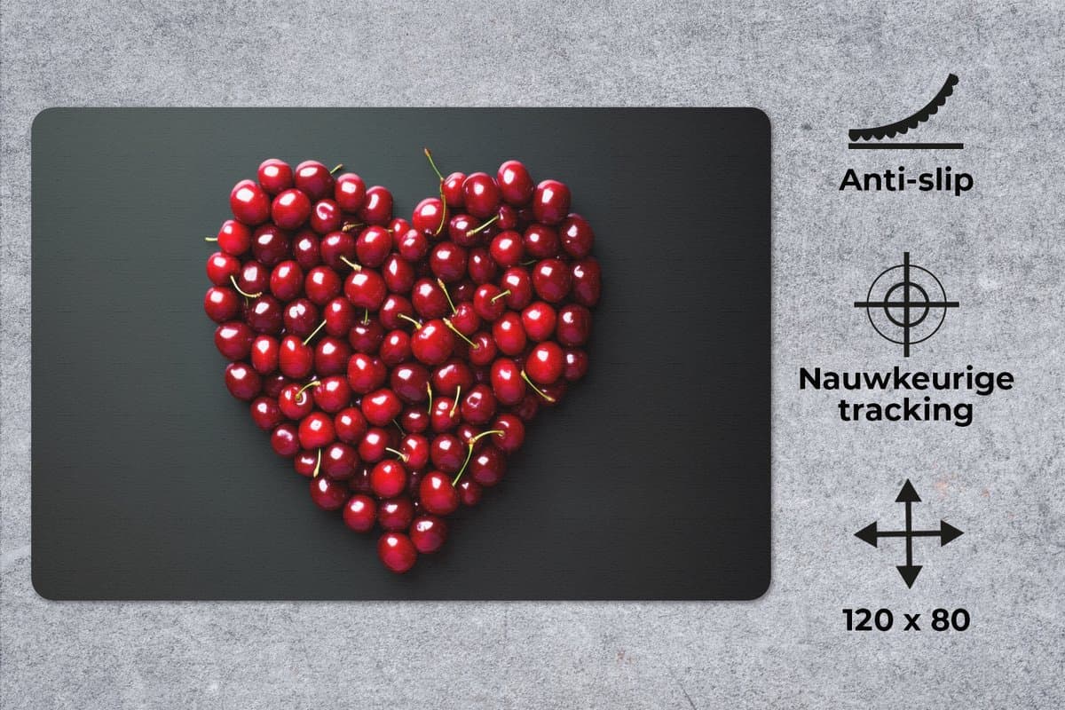 Muismat XXL 120x80 cm - Bureau onderlegger - Bureau mat Kersen - Hart - Rood - Zwart - Bureaumat - Gaming mousepad xl - Bureaulegger groot - Computer deskmat