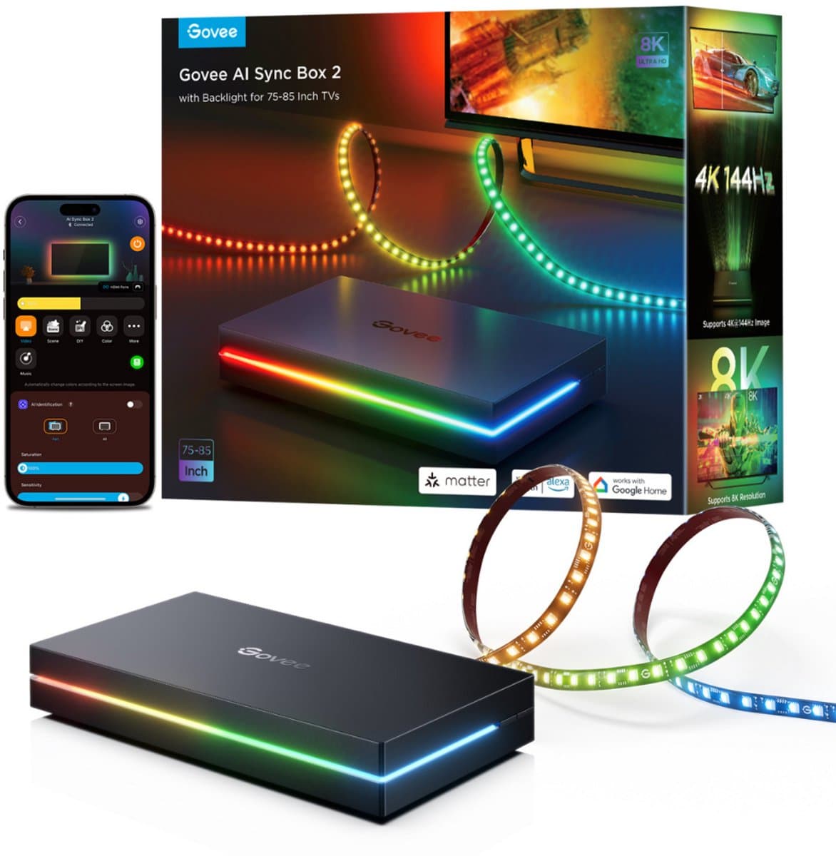 Govee AI Sync Box 2 75–85 inch - HDMI sync box met ledverlichting - RGBICW - app-bediening - Alexa/Google - Matter compatibel